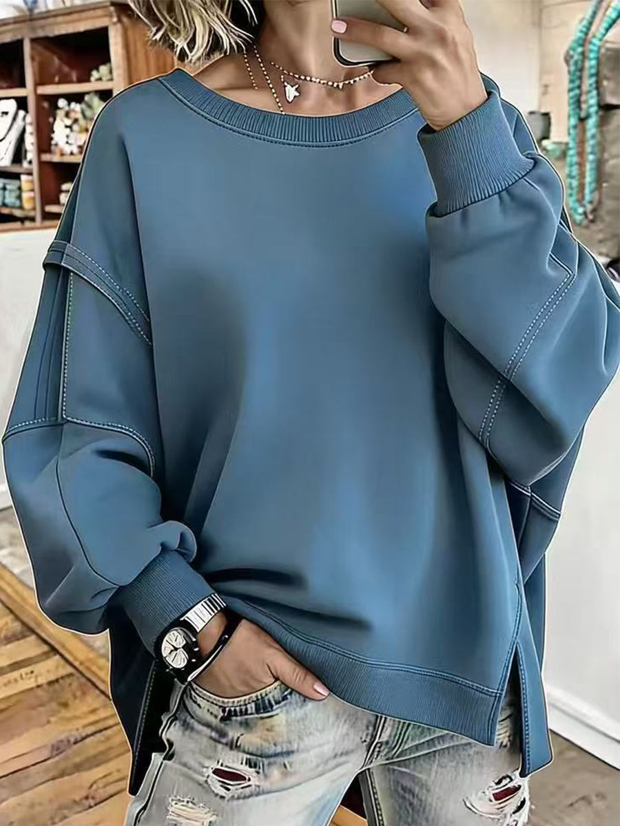 Crew Neck Contrast Stitching Side‑slit Oversized Sweatshirt