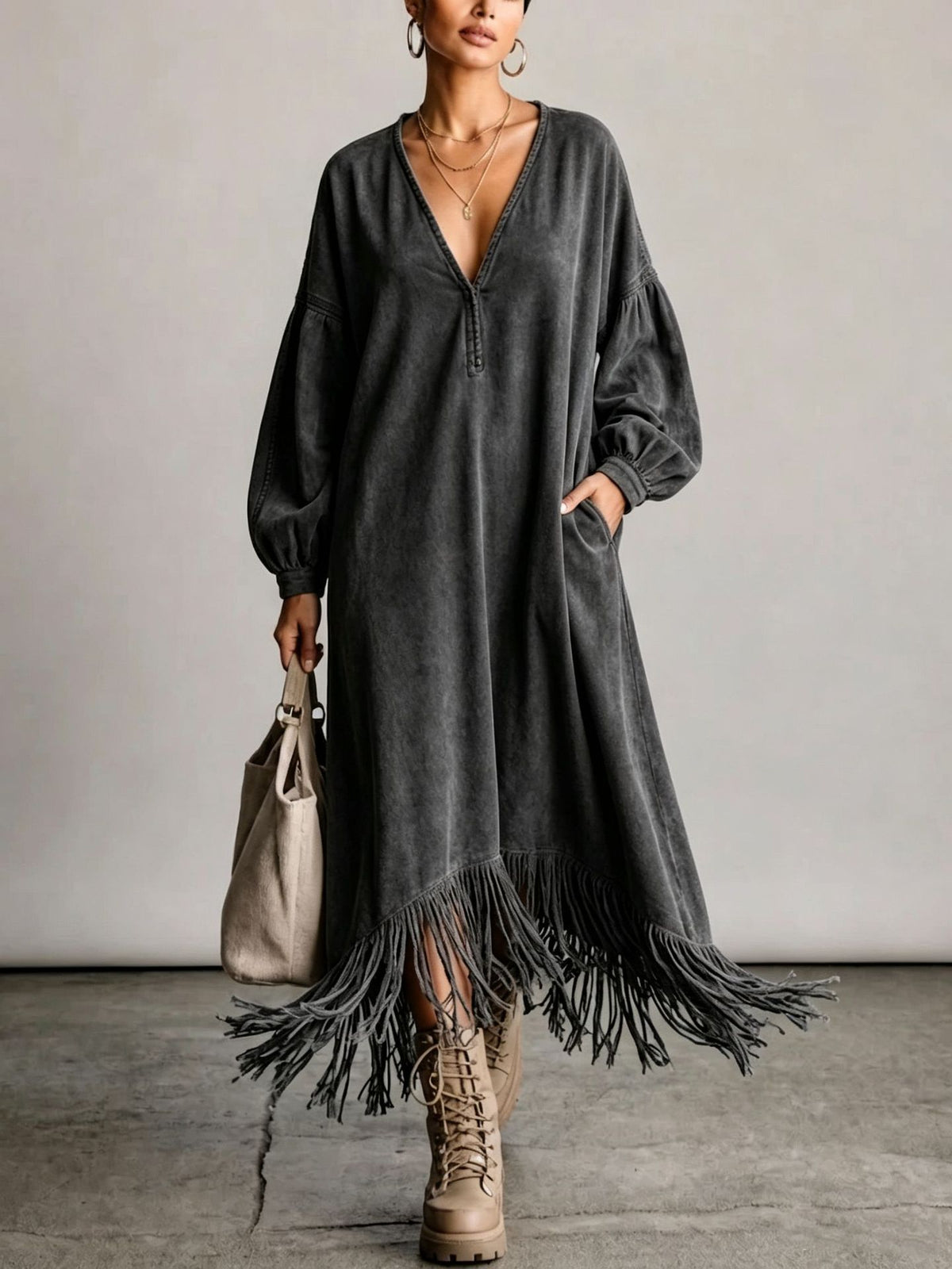 Vintage-style Faux Suede Maxi Dress With A Fringed Hem