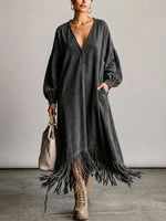 Vintage-style Faux Suede Maxi Dress With A Fringed Hem