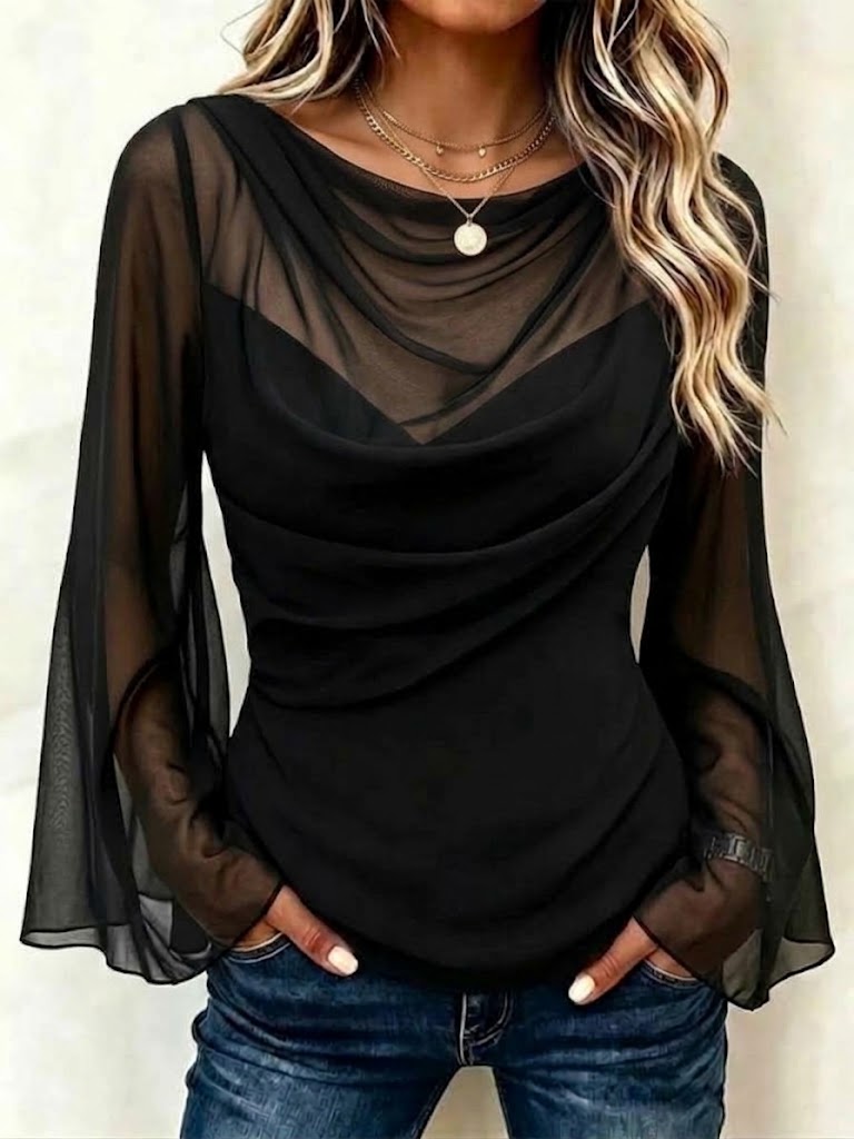 Cowl-neck Mesh-panel Flared Long-sleeve Top