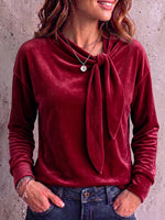 Women's Solid Color Round Neck Tie-waist Long Sleeve Casual Loose Velvet Top