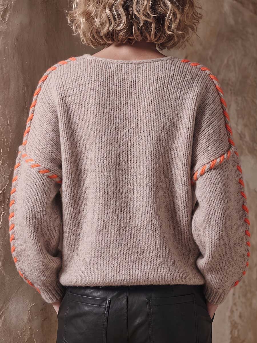 Women's V-neck Long-sleeved Casual Loose Neon Orange Hand-knitted Color-blocked Pullover Sweater
