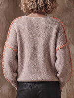 Women's V-neck Long-sleeved Casual Loose Neon Orange Hand-knitted Color-blocked Pullover Sweater