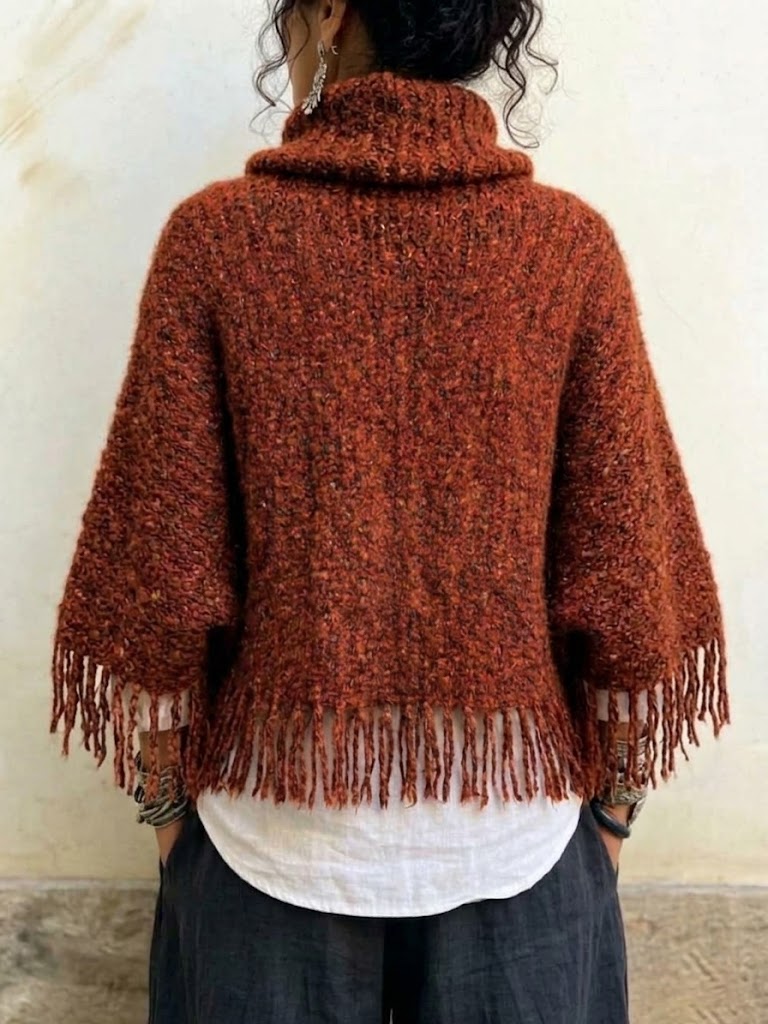 Turtleneck Fringe Knit Cape-style Top