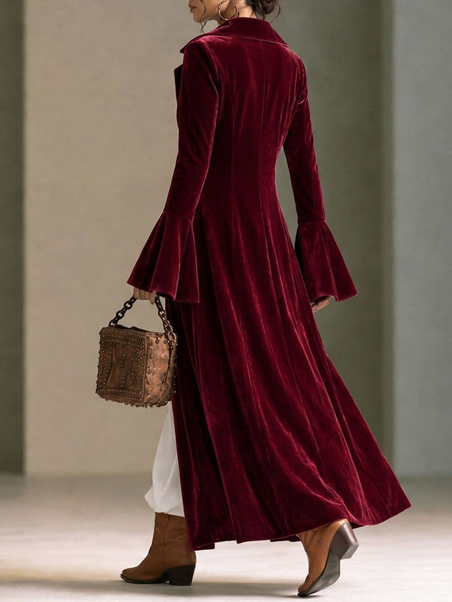 Burgundy Velvet Longline Button-front Duster Coat