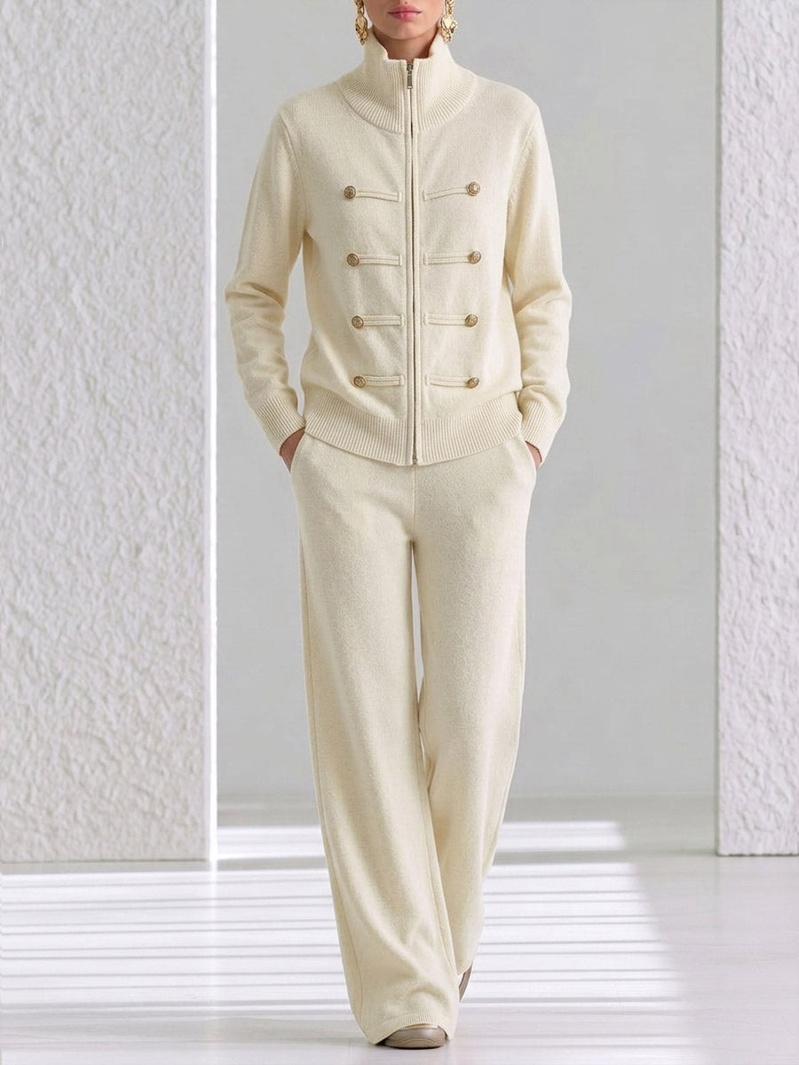 Women's Solid Color Stand Collar Long Sleeve Casual Loose Knit Top And High Waist Wide Leg Pants Knit Set