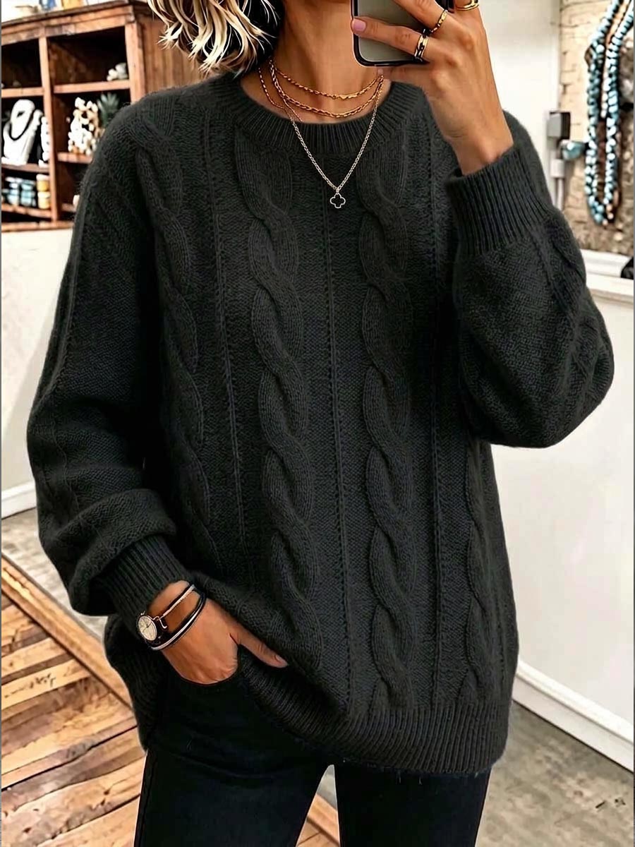 Women's Solid Color Round Neck Long Sleeve 3d Cable Knit Casual Loose Pullover Knit Sweater