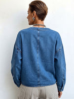 Chic Denim Wrap-front Top With Lace Trim