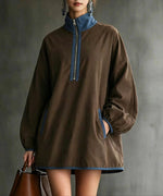 Casual Faux Suede Half-Zip Dress with Contrast Trim
