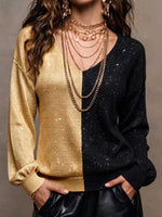 Women's V-neck Long-sleeve Casual Loose Knit Pullover With Metallic Shimmer And Color-block Detail