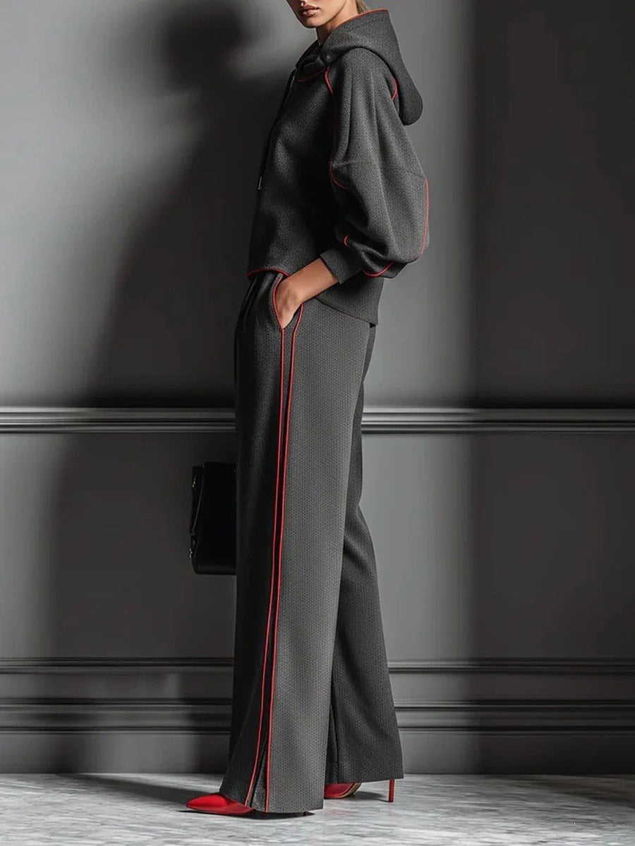 Chic Charcoal Grey Red-Trimmed Hooded Tracksuit Set