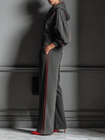 Chic Charcoal Grey Red-Trimmed Hooded Tracksuit Set