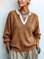 Chic Elegant False Two-piece Lace-trim Sweater F