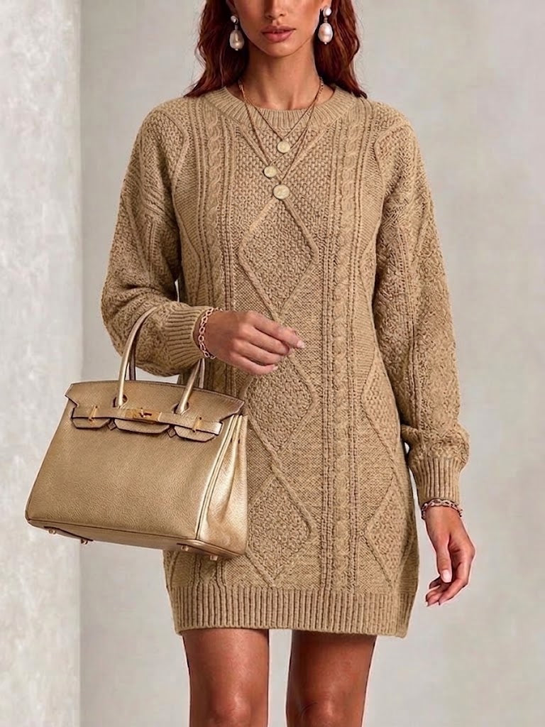 Diamond-cable Knit Knee-length Dress With A Round Neck