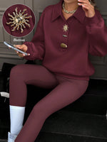 Chic Burgundy Buttoned Collared Sweatshirt