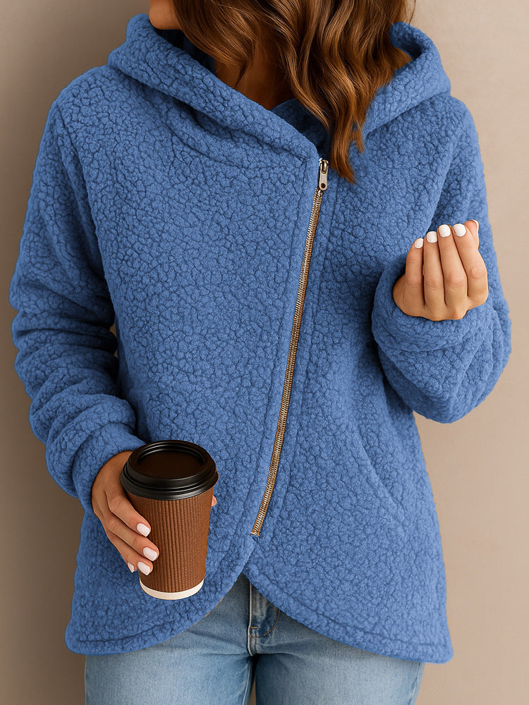 Casual Faux-shearling Hooded Jacket With Diagonal Zipper