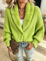 Relaxed Faux Fur Collar Ribbed Knitted Cardigan