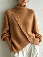 Chic Asymmetric Buttoned Turtleneck Sweater