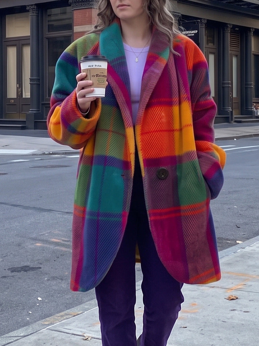 Loose-fit Casual Colorful Plaid Coat