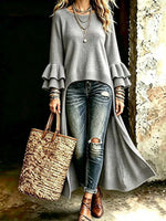 Chic Long-line Knitted Cardigan With Multi-layered Ruffled Sleeves