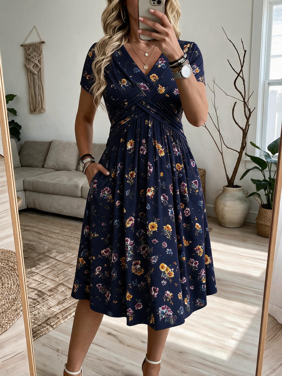 Women's V-Neck Floral Print Dress with Twist Waist