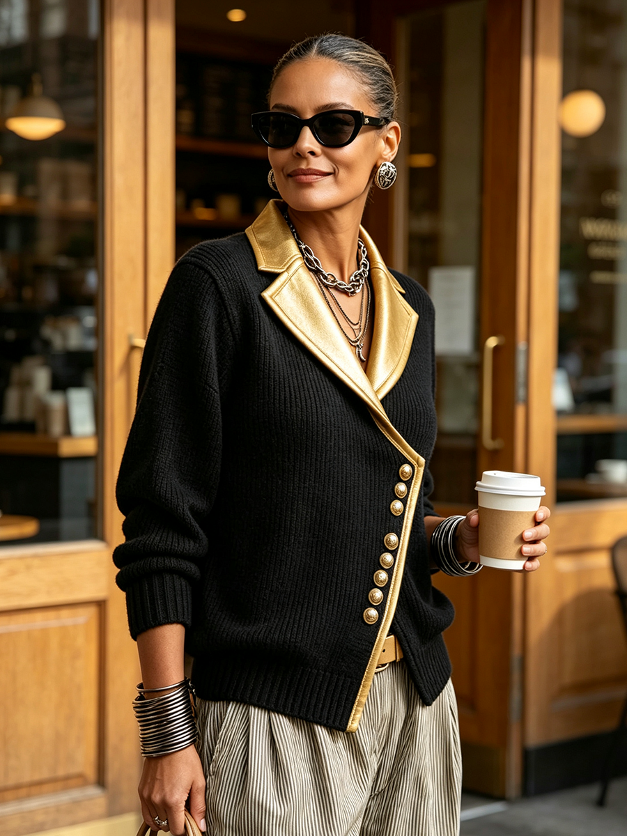 Chic Black Ribbed Knit Cardigan With Metallic Gold Lapels