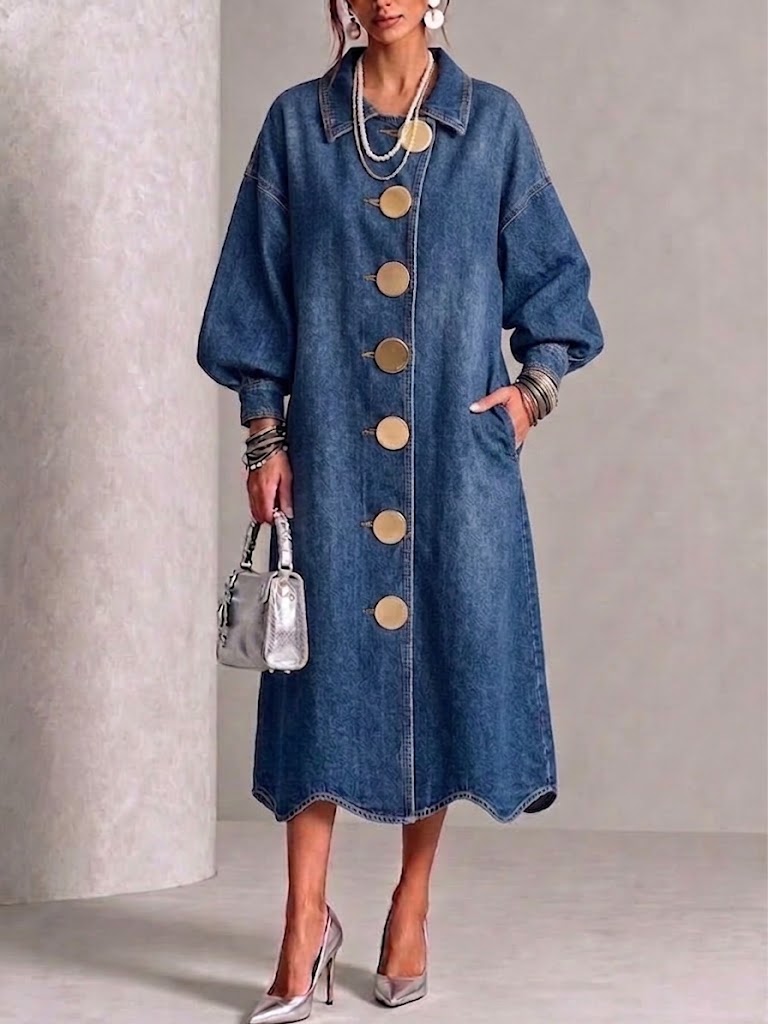 Lapel Gold‑button Balloon‑sleeve Wave‑hem Denim Dress