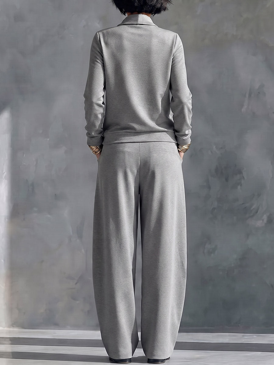 Women's Solid Color Collared Long-sleeved Casual Loose Top And High-waisted Wide-leg Pants Set