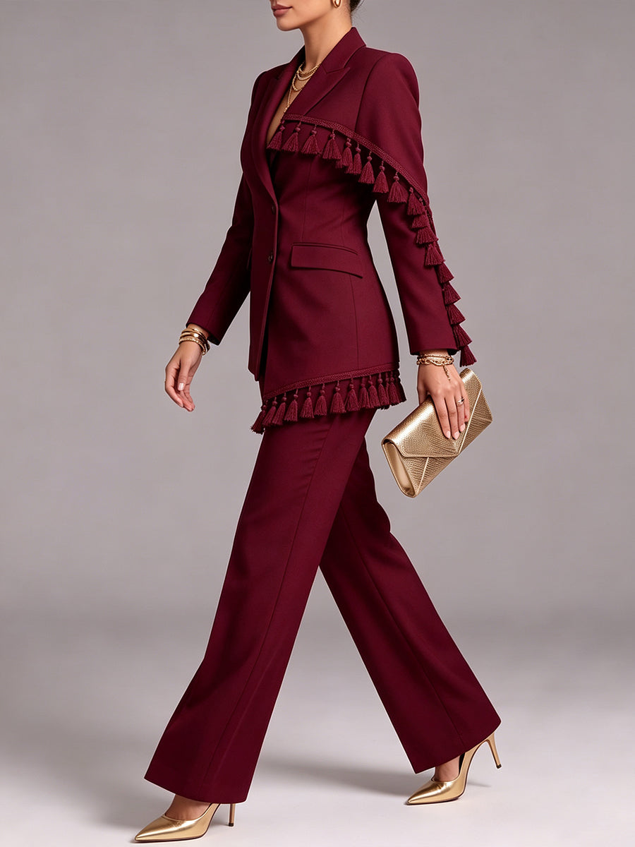 Elegant Burgundy Tassel-Trimmed Blazer