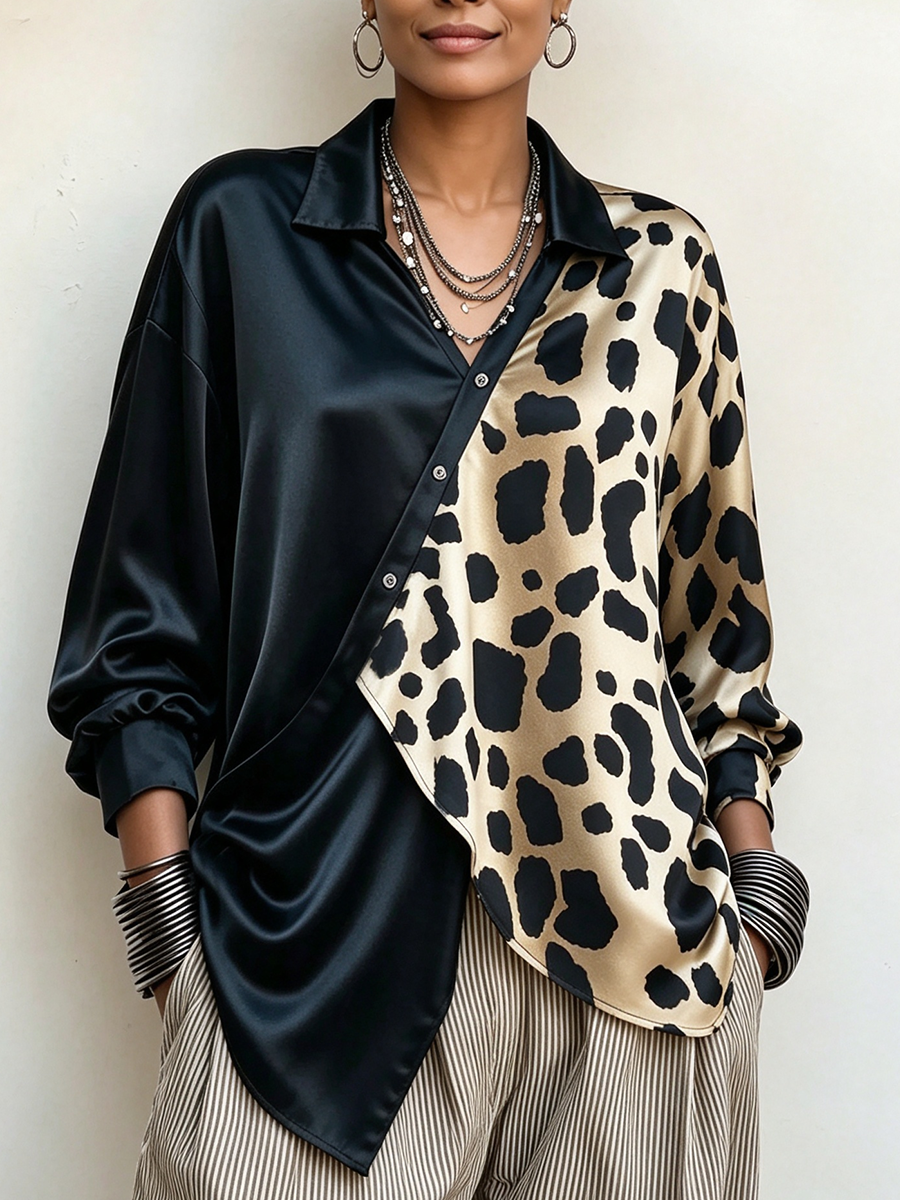 Chic Bold Leopard Satin-blocked Blouse