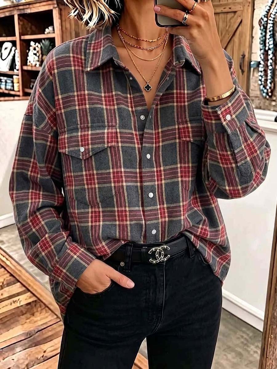 Women's Plaid Print Collared Long-sleeved Casual Loose Shirt