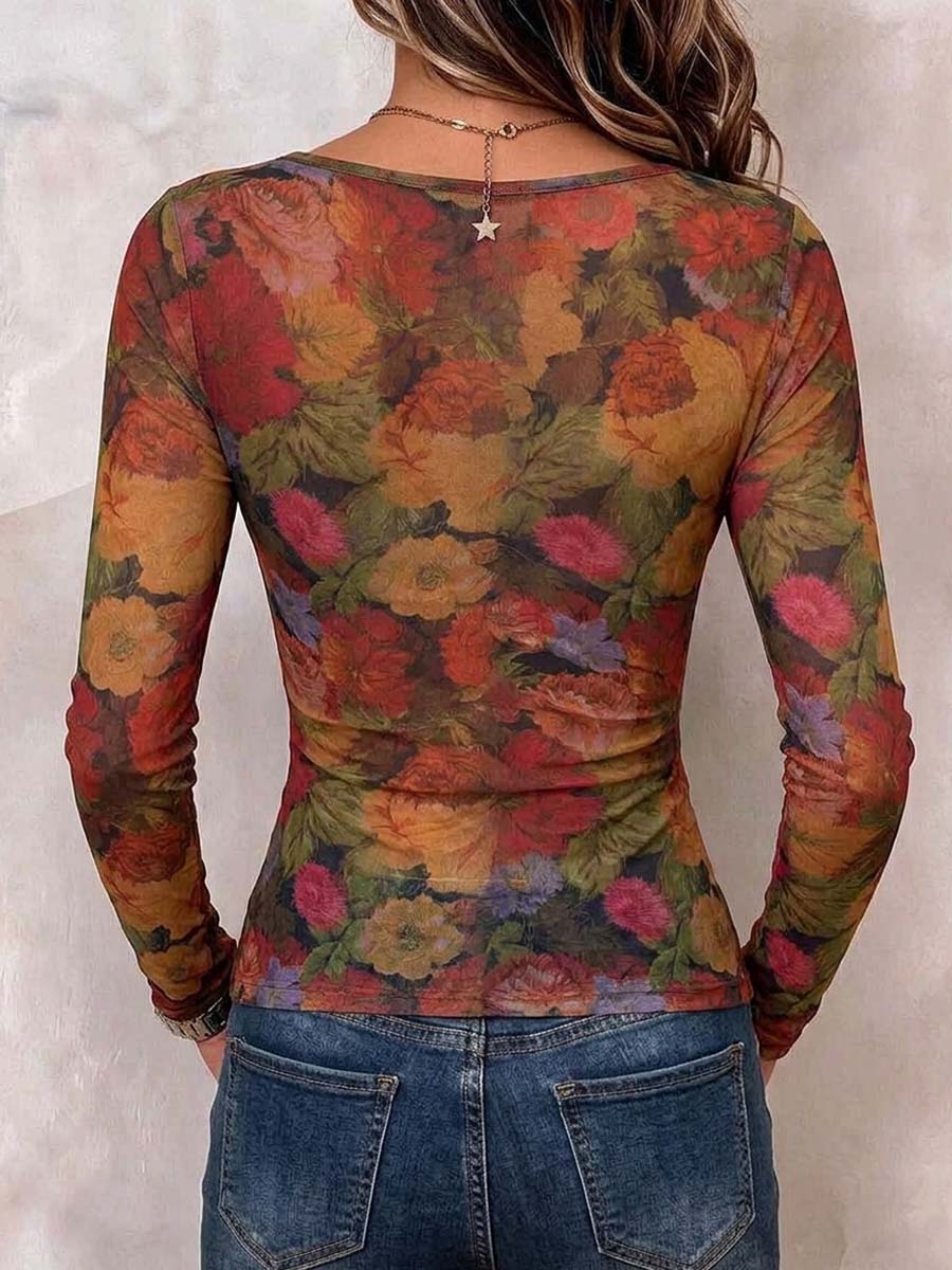 Women's V-neck Floral Print Long Sleeve Ruched Button-front Top.