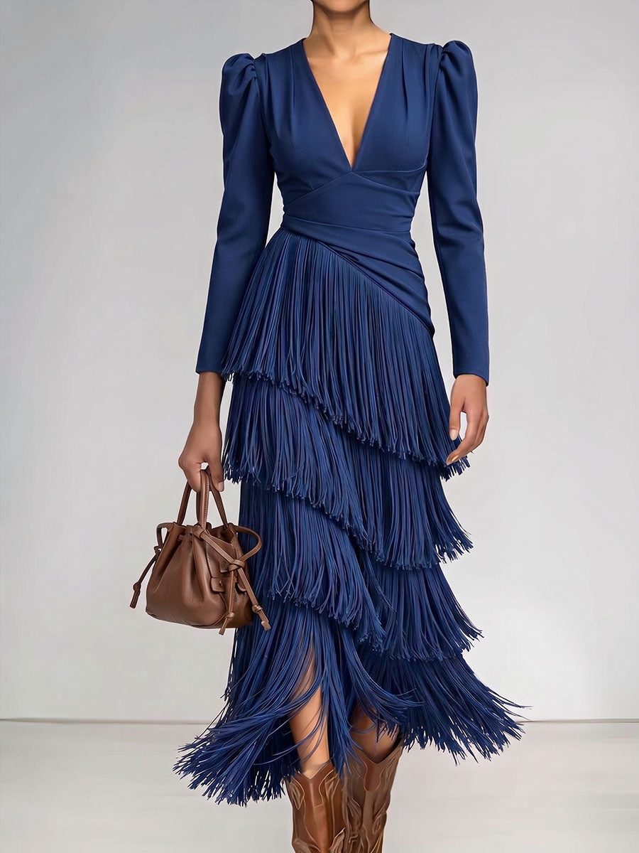 Women's Solid Color V-neck Long-sleeve Casual Loose Tassel Dress
