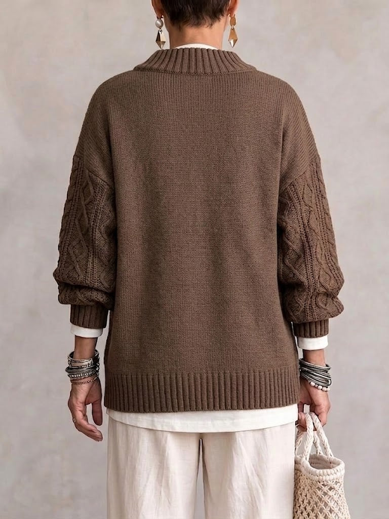 Vintage-style Cable-knit Sweater With A Small Notched V-neck