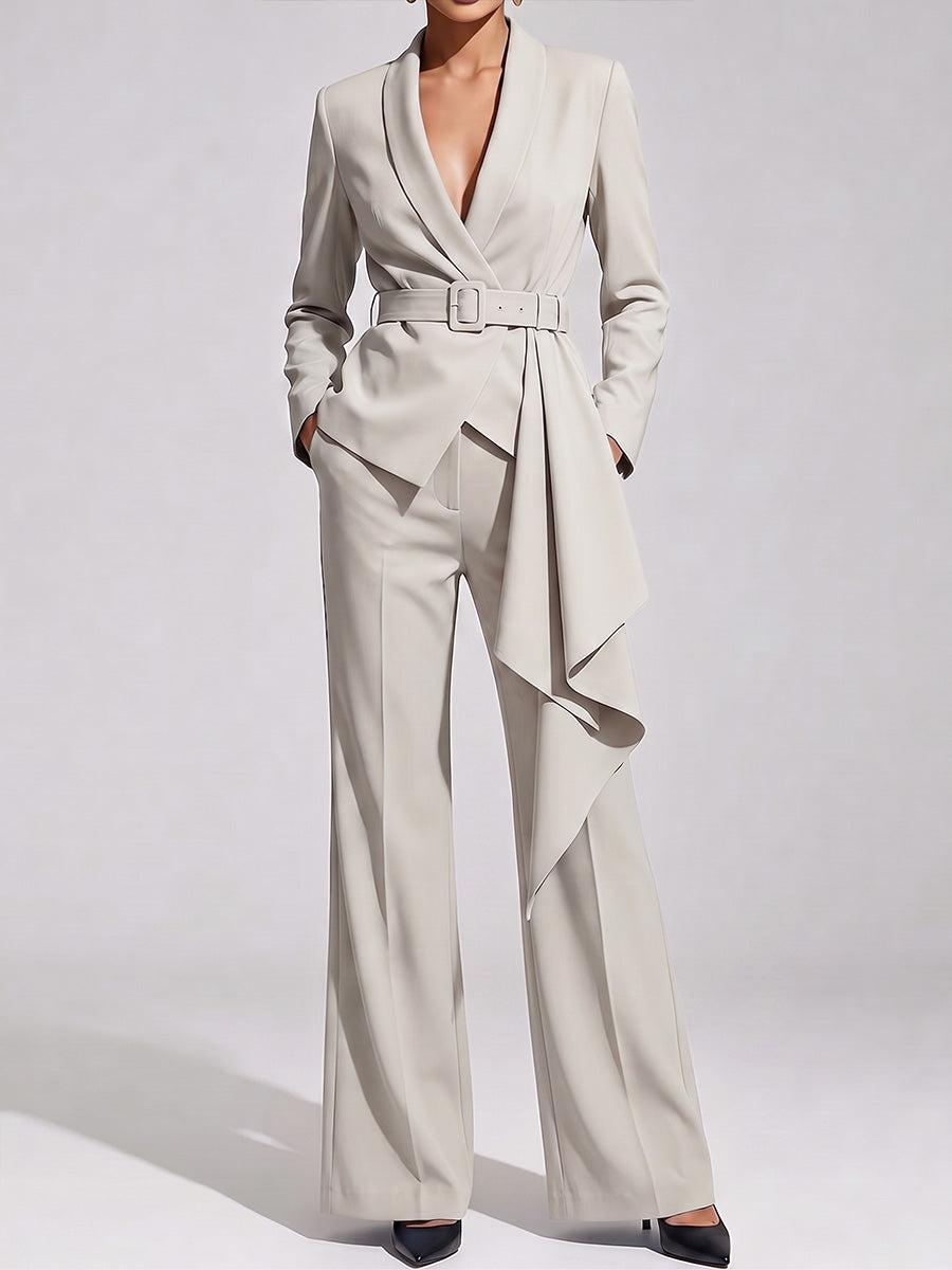 Women's Solid Color Lapel Long Sleeve Casual Loose Fit Suit High Waist Wide Leg Pants Set