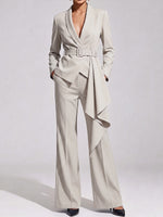 Women's Solid Color Lapel Long Sleeve Casual Loose Fit Suit High Waist Wide Leg Pants Set