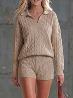 Women's Solid Color Collared Long-sleeved Casual Loose Knit Top And High-waisted Shorts Knit Set