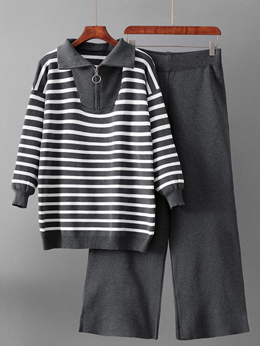 Cozy And Casual Two-piece Set Featuring A Striped Half-zip Knit Pullover And Solid-color Knit Trousers.