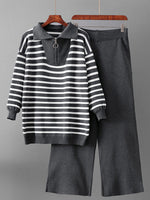 Cozy And Casual Two-piece Set Featuring A Striped Half-zip Knit Pullover And Solid-color Knit Trousers.