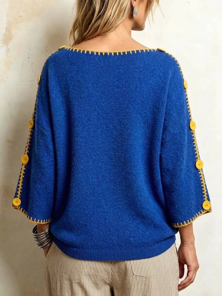 Oversized Knit Top With Contrast Stitching And Buttons