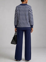 Cozy And Casual Two-piece Set Featuring A Striped Half-zip Knit Pullover And Solid-color Knit Trousers.