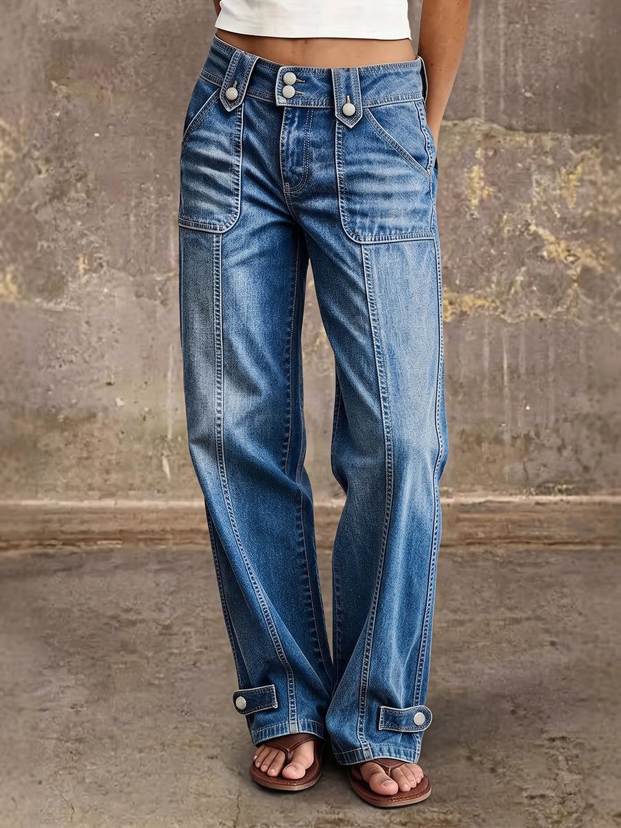 Chic Multi-Button Wide-Leg Denim Jeans