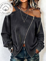 Edgy Chic Asymmetric Cold-shoulder Zipper Pure Cotton Sweatshirt