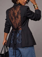 Women's Solid Color Lapel Long-sleeve Casual Loose Blazer With Lace Cutout Paneling
