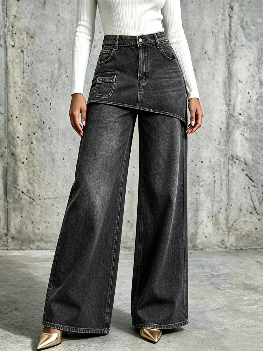 Casual Wide-leg Jeans With Layered Panel Detailing
