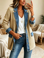 Chic Denim Contrast Sparkling Gold Knit Blazer Jacket