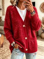 Women's Fuzzy Red Sparkle Button-down Cardigan