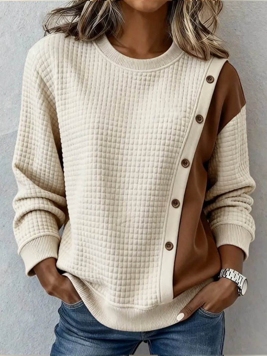 Casual Color-block Waffle-knit Crew-neck Sweatshirt