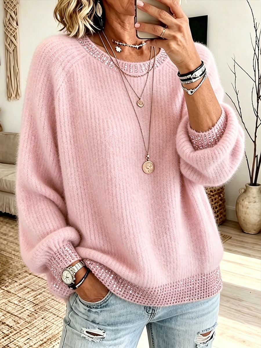 Comfortable, Relaxed-fit Ribbed Knit Top With Rhinestone Embellishment