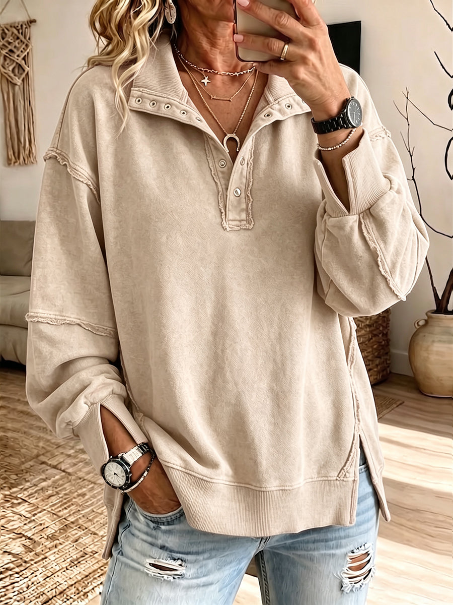 Casual Oversized Raw-edge Cotton Henley Sweatshirt